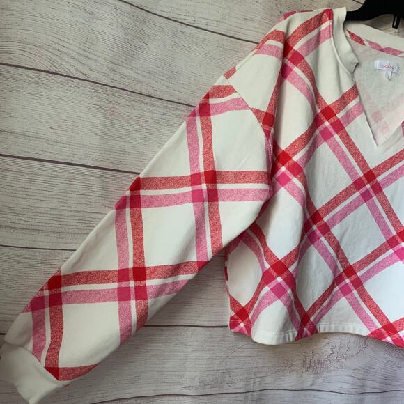 Colsie Pink and White Plaid Lounge Sweatshirt Cut V Neck Soft Size Large - Picture 5 of 10
